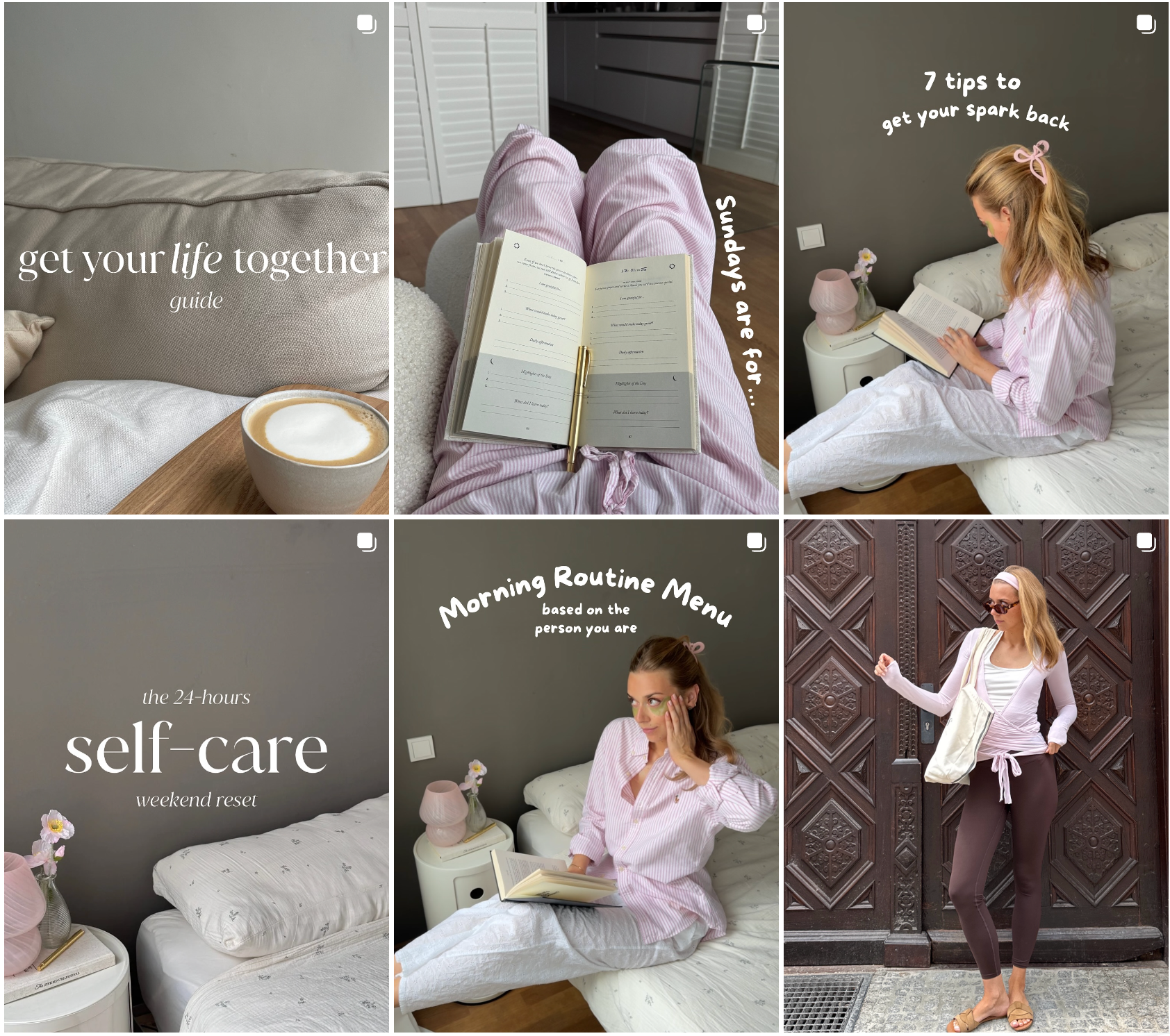 Collage of a woman in pajamas engaging in wellness, self-care and pilates, including reading and sitting on a bed - Sophie.healthness